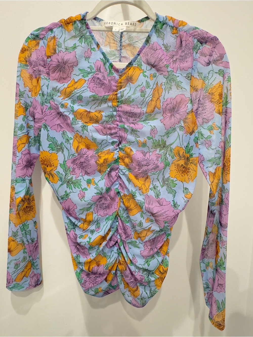Veronica Beard Tazmin Ruched Floral Mesh Top Size 6 $298